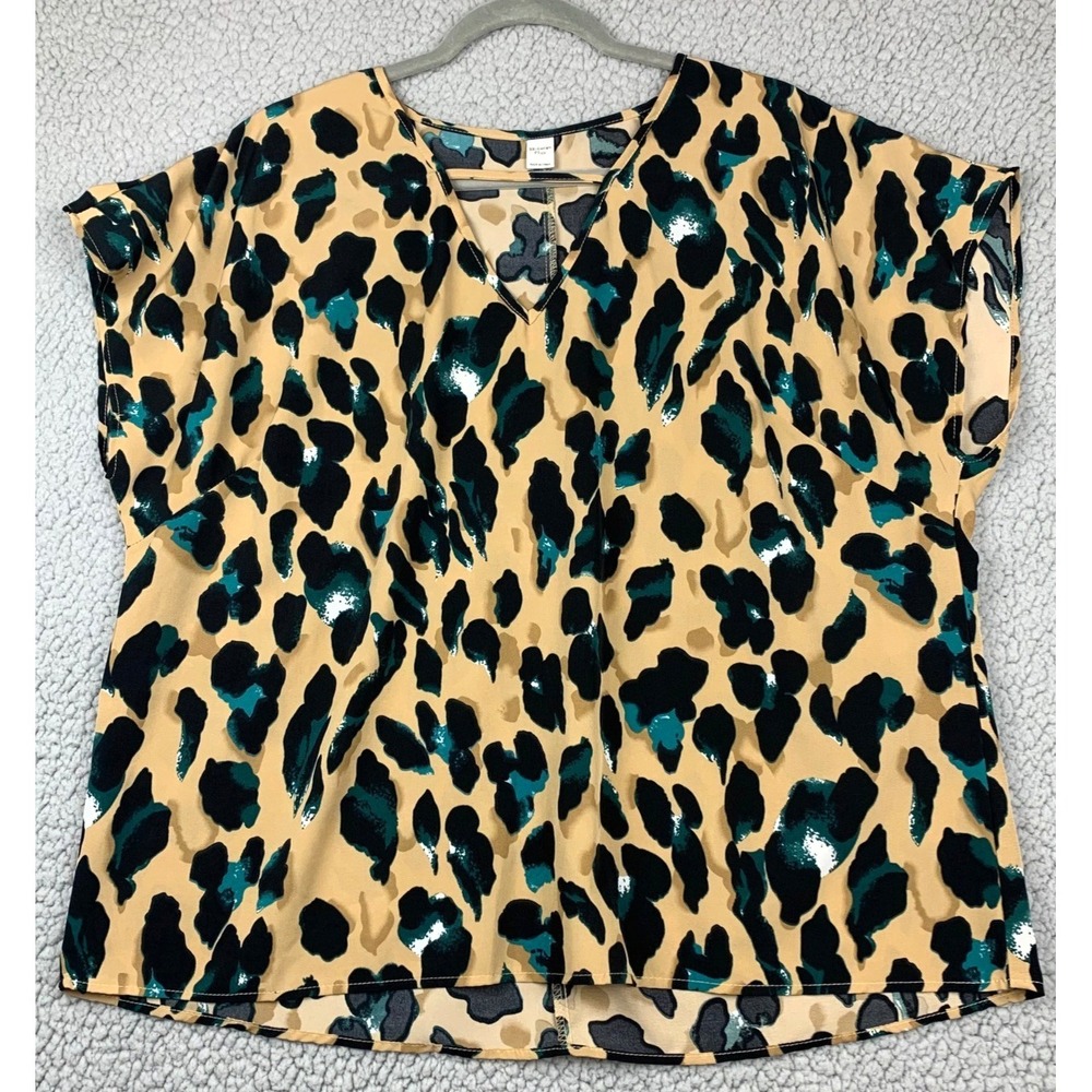 Women's Leopard Print V-Neck Blouse Top Teal Tan Black Cap Sleeve‎ 2X Plus